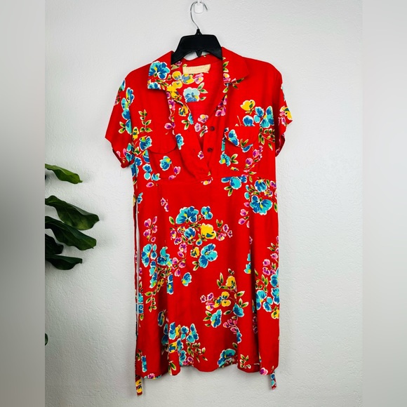 Vintage Cameo Red Floral Mini Summer Spring Shirt Dress - Picture 6 of 6